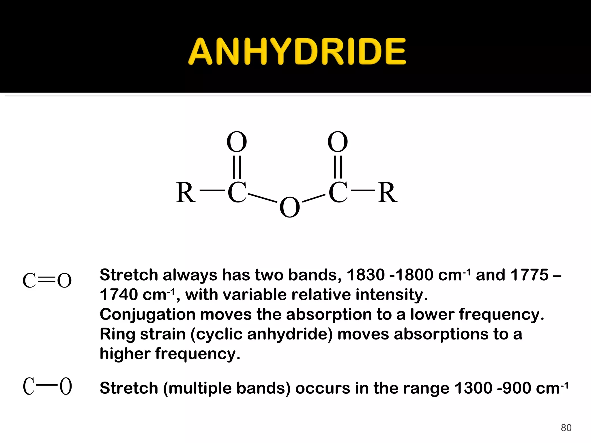 O            O
               R      C     O C R

C O   Stretch always has two bands, 1830 -1800 cm -1 and 1775 –
      1740 cm-1, with variable relative intensity.
      Conjugation moves the absorption to a lower frequency.
      Ring strain (cyclic anhydride) moves absorptions to a
      higher frequency.

C O   Stretch (multiple bands) occurs in the range 1300 -900 cm -1

                                                                80
 