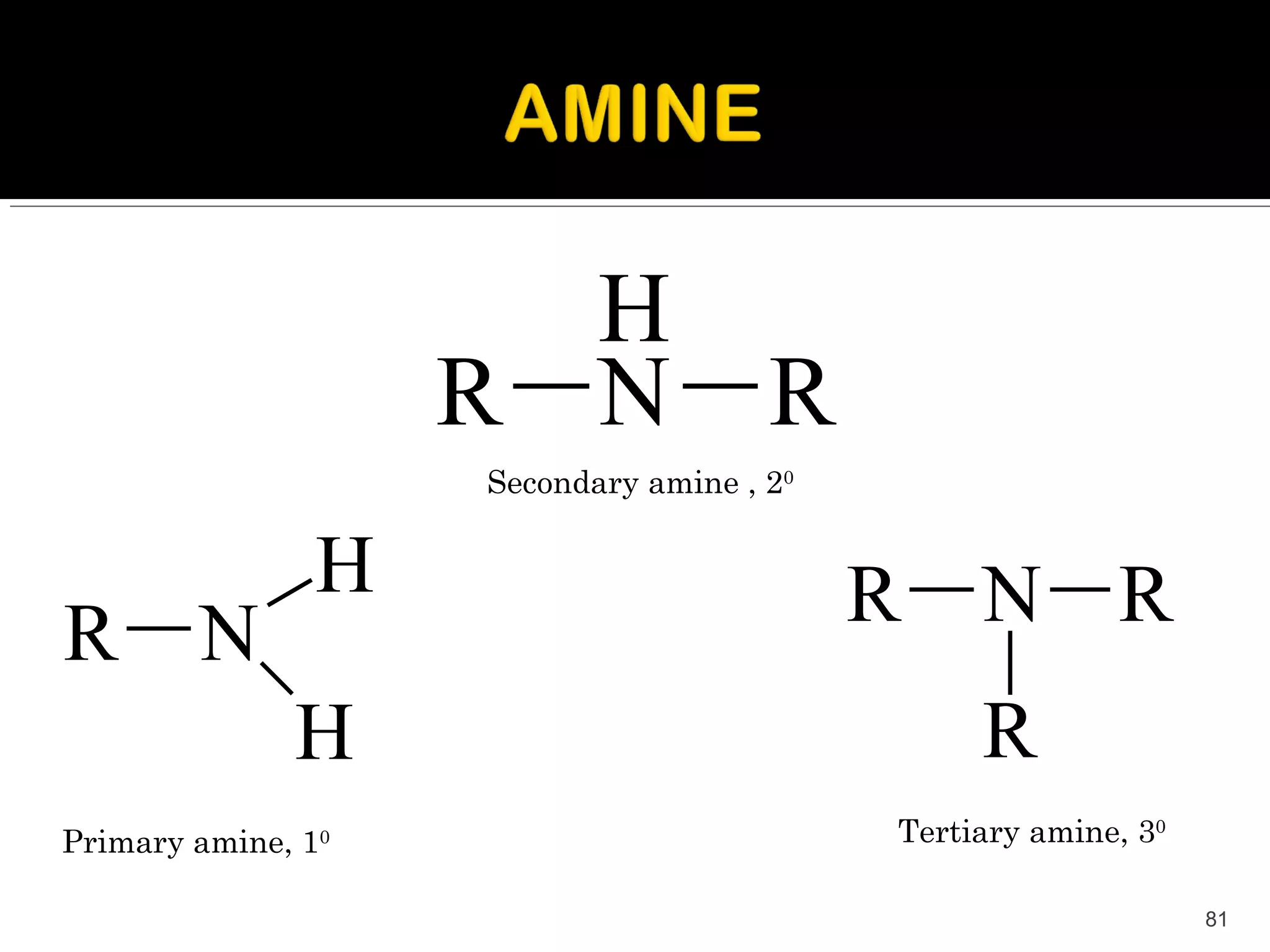 H
                    R N R
                    Secondary amine , 20


                H                          R N R
R N
              H                                 R
Primary amine, 10                          Tertiary amine, 30

                                                                81
 