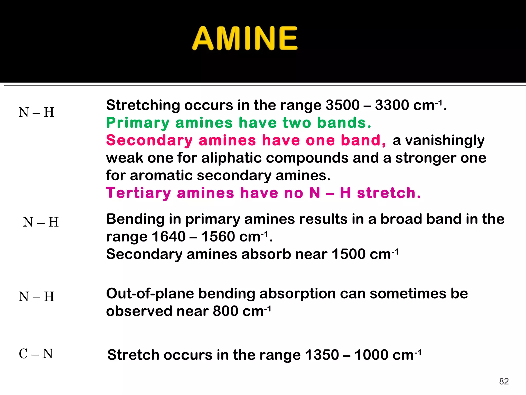 N–H
      Stretching occurs in the range 3500 – 3300 cm -1.
      Primary amines have two bands.
      Secondary amines have one band, a vanishingly
      weak one for aliphatic compounds and a stronger one
      for aromatic secondary amines.
      Tertiary amines have no N – H stretch.
N–H   Bending in primary amines results in a broad band in the
      range 1640 – 1560 cm-1.
      Secondary amines absorb near 1500 cm-1

N–H   Out-of-plane bending absorption can sometimes be
      observed near 800 cm-1

C–N   Stretch occurs in the range 1350 – 1000 cm-1
                                                             82
 