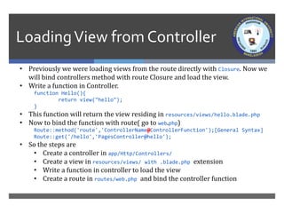 LoadingView from Controller
• Previously we were loading views from the route directly with Closure. Now we
will bind cont...