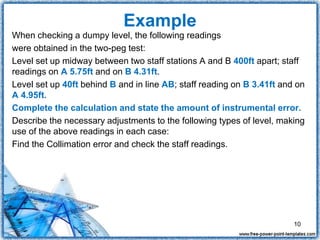 Example
When checking a dumpy level, the following readings
were obtained in the two-peg test:
Level set up midway between two staff stations A and B 400ft apart; staff
readings on A 5.75ft and on B 4.31ft.
Level set up 40ft behind B and in line AB; staff reading on B 3.41ft and on
A 4.95ft.
Complete the calculation and state the amount of instrumental error.
Describe the necessary adjustments to the following types of level, making
use of the above readings in each case:
Find the Collimation error and check the staff readings.
10
 