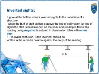Inverted sights:
Figure at the bottom shows inverted sights to the underside of a
structure.
When the B.M of staff station is above the line of collimation (or line of
sight) the staff is held inverted on the point and reading is taken this
reading being negative is entered in observation table with minus
sign,
• To avoid confusion, ‘Staff inverted’ should be
written in the remarks column against the entry of the reading.
23
 