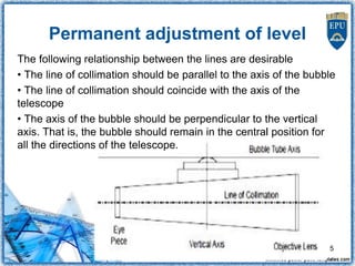 Permanent adjustment of level
The following relationship between the lines are desirable
• The line of collimation should be parallel to the axis of the bubble
• The line of collimation should coincide with the axis of the
telescope
• The axis of the bubble should be perpendicular to the vertical
axis. That is, the bubble should remain in the central position for
all the directions of the telescope.
5
 