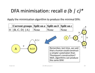 DFA minimisation: recall a (b | c)*
Apply the minimisation algorithm to produce the minimal DFA:
C
a c b
b
bCurrent groups Split on a Split on b Split on c
0 {B, C, D} {A} None None None
A
D
B
a
c
c
c b
A B,C,D
b | c
a
Remember, last time, we said
that a human could construct
a simpler automaton than
Thompson’s construction?
Well, algorithms can produce
the same DFA!
8-Jan-15 19CS 346 Lecture 4
 