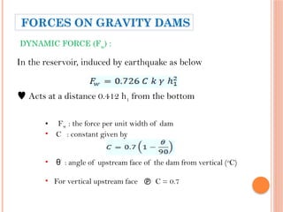 DYNAMIC FORCE (Fw
) :
In the reservoir, induced by earthquake as below
 Acts at a distance 0.412 h1 from the bottom
• Fw : the force per unit width of dam
• C : constant given by
• θ’
: angle of upstream face of the dam from vertical (o
C)
• For vertical upstream face  C = 0.7
'
FORCES ON GRAVITY DAMS
 