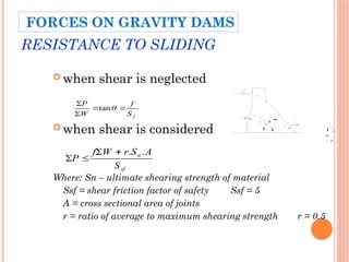 RESISTANCE TO SLIDING
 when shear is neglected
 when shear is considered
Where: Sn – ultimate shearing strength of material
Ssf = shear friction factor of safety Ssf = 5
A = cross sectional area of joints
r = ratio of average to maximum shearing strength r = 0.5

P"u
P"u
R
sf
n
S
A
S
r
W
f
P
.
.




f
S
f
W
P





tan
FORCES ON GRAVITY DAMS
 