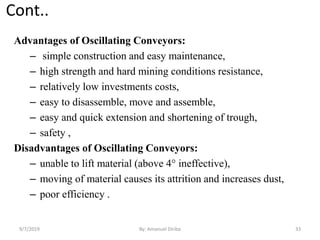 Cont..
Advantages of Oscillating Conveyors:
– simple construction and easy maintenance,
– high strength and hard mining conditions resistance,
– relatively low investments costs,
– easy to disassemble, move and assemble,
– easy and quick extension and shortening of trough,
– safety ,
Disadvantages of Oscillating Conveyors:
– unable to lift material (above 4° ineffective),
– moving of material causes its attrition and increases dust,
– poor efficiency .
9/7/2019 33By: Amanuel Diriba
 