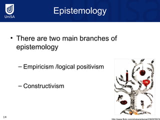 Epistemology There are two main branches of epistemology Empiricism /logical positivism Constructivism http://www.flickr.com/photos/artezoe/2382978574/ 