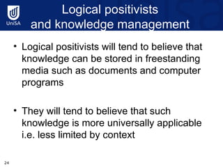 Logical positivists  and knowledge management  Logical positivists will tend to believe that knowledge can be stored in freestanding media such as documents and computer programs  They will tend to believe that such knowledge is more universally applicable i.e. less limited by context 