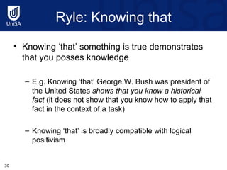 Ryle : Knowing that Knowing ‘that’ something is true demonstrates that you posses knowledge E.g. Knowing ‘that’ George W. Bush was president of the United States  shows that you know a historical fact  (it does not show that you know how to apply that fact in the context of a task) Knowing ‘that’ is broadly compatible with logical positivism 