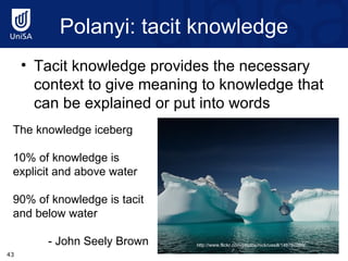 Polanyi : tacit knowledge Tacit knowledge provides the necessary context to give meaning to knowledge that can be explained or put into words http://www.flickr.com/photos/nickrussill/146760299/ The knowledge iceberg 10% of knowledge is explicit and above water 90% of knowledge is tacit and below water - John Seely Brown 