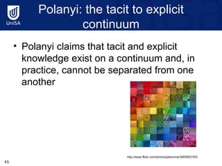 Polanyi: the tacit to explicit continuum Polanyi claims that tacit and explicit knowledge exist on a continuum and, in practice, cannot be separated from one another http://www.flickr.com/photos/jakerome/3065903183/ 