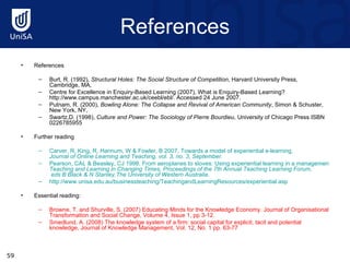References References Burt, R. (1992),  Structural Holes: The Social Structure of Competition , Harvard University Press, Cambridge, MA,  Centre for Excellence in Enquiry-Based Learning (2007), What is Enquiry-Based Learning? http://www.campus.manchester.ac.uk/ceebl/ebl/. Accessed 24 June 2007. Putnam, R. (2000),  Bowling Alone: The Collapse and Revival of American Community , Simon & Schuster, New York, NY,  Swartz,D. (1998),  Culture and Power: The Sociology of Pierre Bourdieu , University of Chicago Press ISBN 0226785955  Further reading Carver, R, King, R, Hannum, W & Fowler, B 2007, Towards a model of experiential e-learning,  Journal of Online Learning and Teaching,  vol. 3, no. 3, September.  Pearson, CAL & Beasley, CJ 1998, From aeroplanes to stoves: Using experiential learning in a management course, in  Teaching and Learning in Changing Times, Proceedings of the 7th Annual Teaching Learning Forum,  eds B Black & N Stanley,The University of Western Australia.  http://www.unisa.edu.au/businessteaching/TeachingandLearningResources/experiential.asp Essential reading: Browne, T. and Shurville, S. (2007) Educating Minds for the Knowledge Economy. Journal of Organisational Transformation and Social Change, Volume 4, Issue 1, pp 3-12.  Smedlund, A. (2008) The knowledge system of a firm: social capital for explicit, tacit and potential knowledge, Journal of Knowledge Management, Vol. 12, No. 1 pp. 63-77 