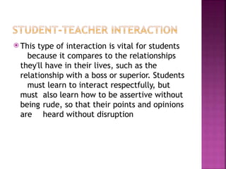 ⦿ This type of interaction is vital for students
because it compares to the relationships
they'll have in their lives, such as the
relationship with a boss or superior. Students
must learn to interact respectfully, but
must also learn how to be assertive without
being rude, so that their points and opinions
are heard without disruption
 