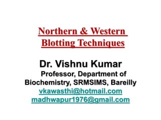 Dr. Vishnu Kumar
Professor, Department of
Biochemistry, SRMSIMS, Bareilly
vkawasthi@hotmail.com
madhwapur1976@gmail.com
Northern & Western
Blotting Techniques
 
