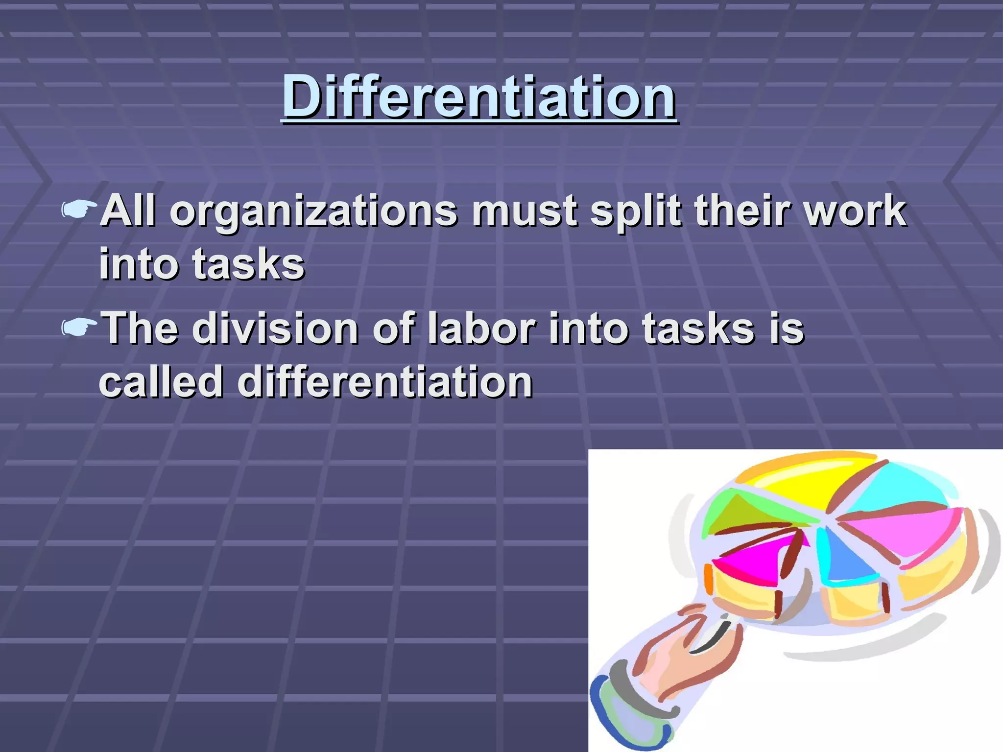 DifferentiationDifferentiation
All organizations must split their workAll organizations must split their work
into tasksinto tasks
The division of labor into tasks isThe division of labor into tasks is
called differentiationcalled differentiation
 