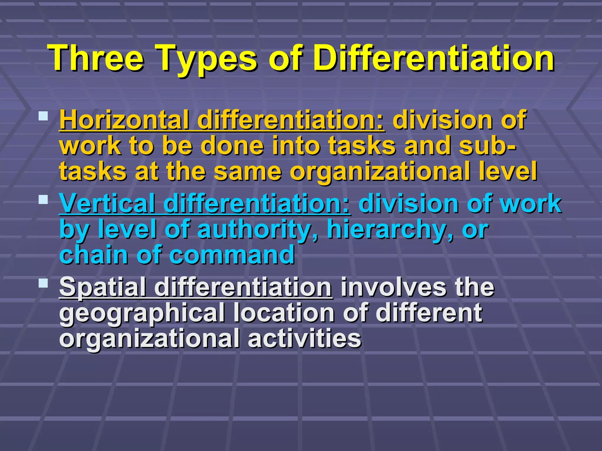 Three Types of DifferentiationThree Types of Differentiation
 Horizontal differentiation:Horizontal differentiation: division ofdivision of
work to be done into tasks and sub-work to be done into tasks and sub-
tasks at the same organizational leveltasks at the same organizational level
 Vertical differentiation:Vertical differentiation: division of workdivision of work
by level of authority, hierarchy, orby level of authority, hierarchy, or
chain of commandchain of command
 Spatial differentiationSpatial differentiation involves theinvolves the
geographical location of differentgeographical location of different
organizational activitiesorganizational activities
 