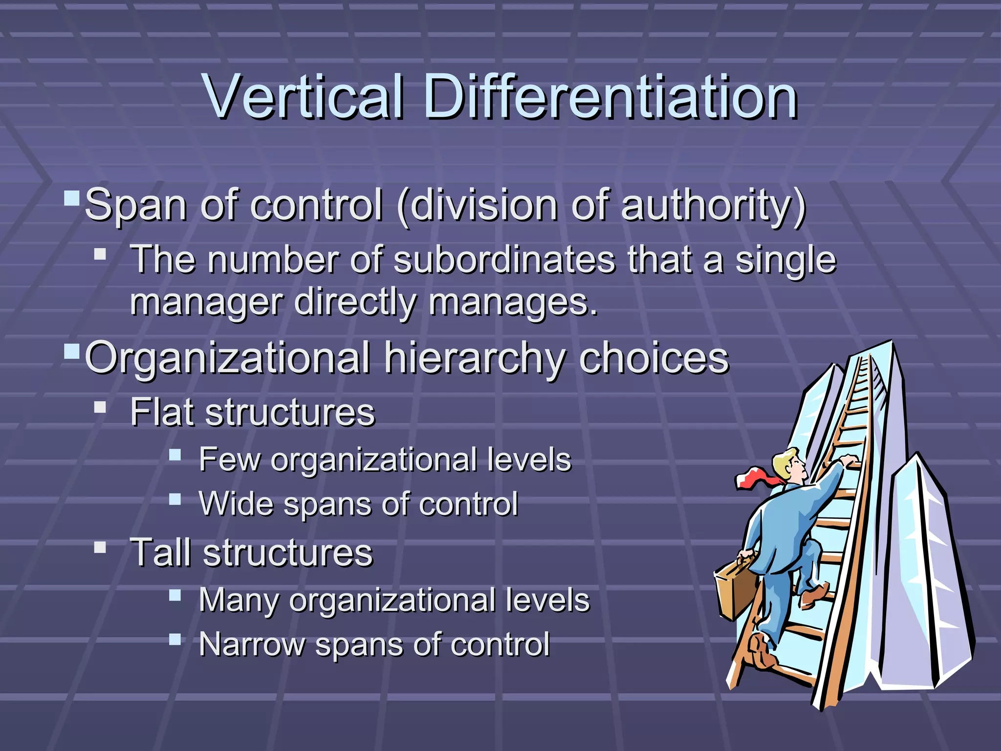 Vertical DifferentiationVertical Differentiation
Span of control (division of authority)Span of control (division of authority)
 The number of subordinates that a singleThe number of subordinates that a single
manager directly manages.manager directly manages.
Organizational hierarchy choicesOrganizational hierarchy choices
 Flat structuresFlat structures
 Few organizational levelsFew organizational levels
 Wide spans of controlWide spans of control
 Tall structuresTall structures
 Many organizational levelsMany organizational levels
 Narrow spans of controlNarrow spans of control
 