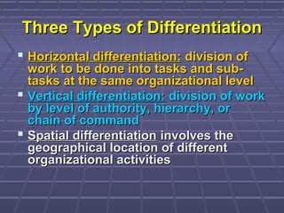 Three Types of DifferentiationThree Types of Differentiation
 Horizontal differentiation:Horizontal differentiation: division ofdivision of
work to be done into tasks and sub-work to be done into tasks and sub-
tasks at the same organizational leveltasks at the same organizational level
 Vertical differentiation:Vertical differentiation: division of workdivision of work
by level of authority, hierarchy, orby level of authority, hierarchy, or
chain of commandchain of command
 Spatial differentiationSpatial differentiation involves theinvolves the
geographical location of differentgeographical location of different
organizational activitiesorganizational activities
 