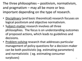 16
The three philosophies – positivism, normativism,
and pragmatism – may all be more or less
important depending on the t...