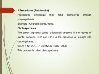 1.Procedures (Autotrophs)
Procedures synthesize their food themselves through
photosynthesis
Example : All green plants, trees.
Photosynthesis
The green pigments called chlorophyll, present in the leaves of
plants, converts CO2 and H2O in the presence of sunlight into
carbohydrates.
6CO2 + 12H2O ----> C6H12O6 + 6O2+6H2O
This process is called photosynthesis
 