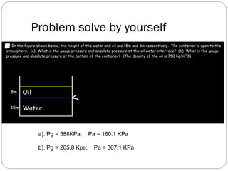 a). Pg = 588KPa; Pa = 160.1 KPa
b). Pg = 205.8 Kpa; Pa = 307.1 KPa
Problem solve by yourself
 