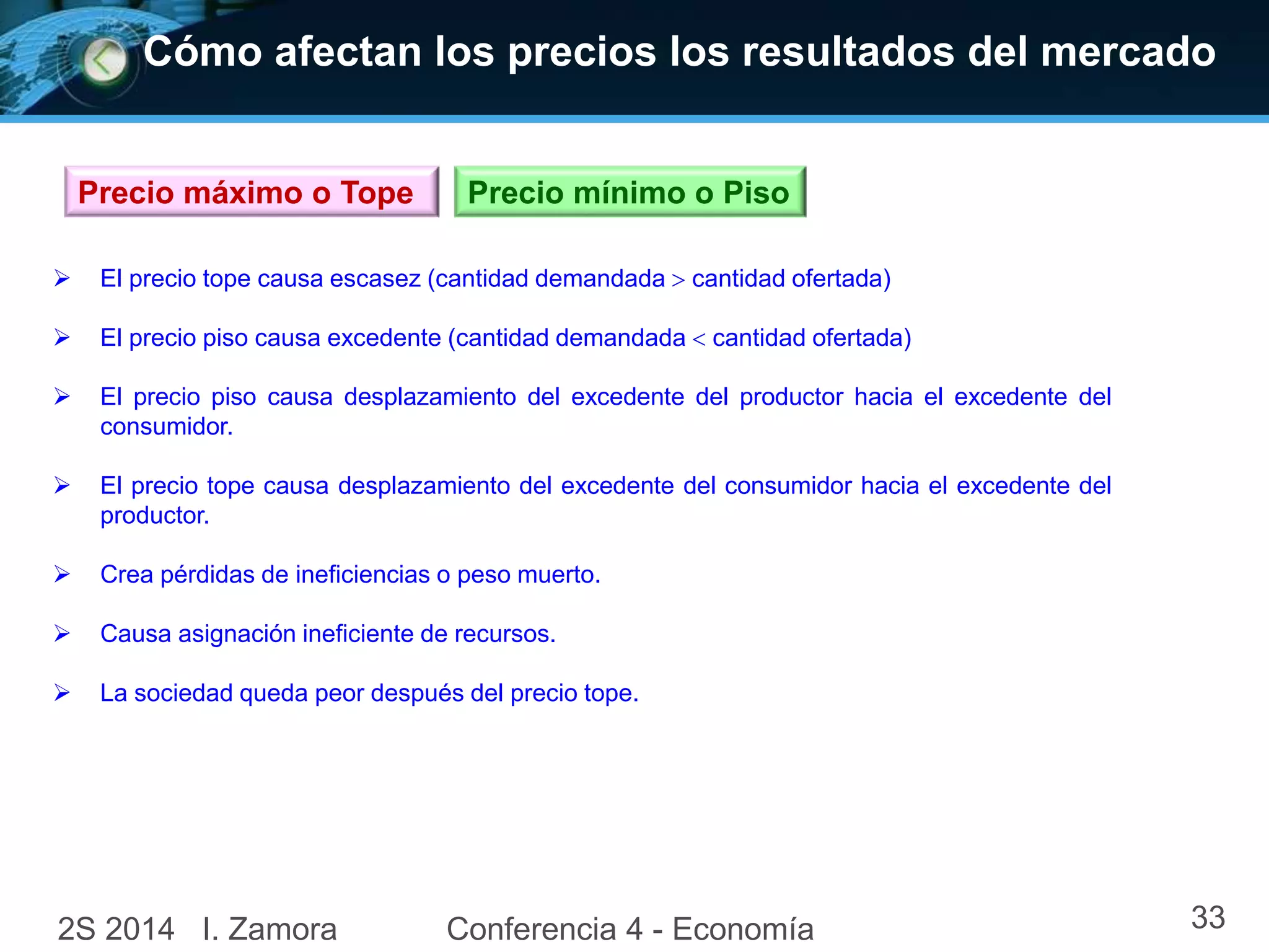 Cómo afectan los precios los resultados del mercado
2S 2014 I. Zamora Conferencia 4 - Economía 33
 El precio tope causa escasez (cantidad demandada  cantidad ofertada)
 El precio piso causa excedente (cantidad demandada  cantidad ofertada)
 El precio piso causa desplazamiento del excedente del productor hacia el excedente del
consumidor.
 El precio tope causa desplazamiento del excedente del consumidor hacia el excedente del
productor.
 Crea pérdidas de ineficiencias o peso muerto.
 Causa asignación ineficiente de recursos.
 La sociedad queda peor después del precio tope.
Precio máximo o Tope Precio mínimo o Piso
 