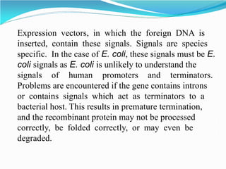 Expression vectors, in which the foreign DNA is
inserted, contain these signals. Signals are species
specific. In the case of E. coli, these signals must be E.
coli signals as E. coli is unlikely to understand the
signals of human promoters and terminators.
Problems are encountered if the gene contains introns
or contains signals which act as terminators to a
bacterial host. This results in premature termination,
and the recombinant protein may not be processed
correctly, be folded correctly, or may even be
degraded.
 