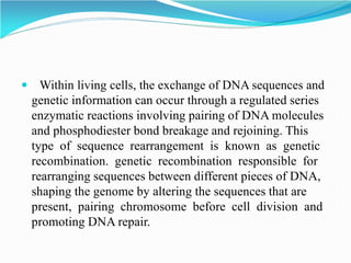  Within living cells, the exchange of DNA sequences and
genetic information can occur through a regulated series
enzymatic reactions involving pairing of DNA molecules
and phosphodiester bond breakage and rejoining. This
type of sequence rearrangement is known as genetic
recombination. genetic recombination responsible for
rearranging sequences between different pieces of DNA,
shaping the genome by altering the sequences that are
present, pairing chromosome before cell division and
promoting DNA repair.
 