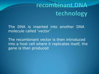 The DNA is inserted into another DNA
molecule called ‘vector’
The recombinant vector is then introduced
into a host cell where it replicates itself, the
gene is then produced
 