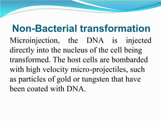 Non-Bacterial transformation
Microinjection, the DNA is injected
directly into the nucleus of the cell being
transformed. The host cells are bombarded
with high velocity micro-projectiles, such
as particles of gold or tungsten that have
been coated with DNA.
 