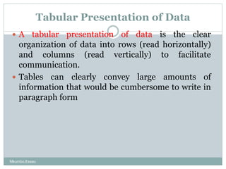 Tabular Presentation of Data
 A tabular presentation of data is the clear
organization of data into rows (read horizontal...