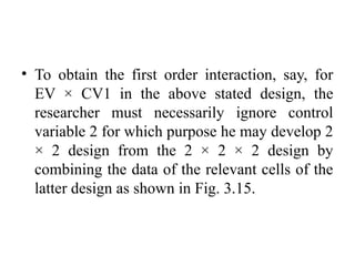 • To obtain the first order interaction, say, for
EV × CV1 in the above stated design, the
researcher must necessarily ignore control
variable 2 for which purpose he may develop 2
× 2 design from the 2 × 2 × 2 design by
combining the data of the relevant cells of the
latter design as shown in Fig. 3.15.
 