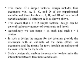 • This model of a simple factorial design includes four
treatments viz., A, B, C, and D of the experimental
variable and three levels viz., I, II, and III of the control
variable and has 12 different cells as shown above.
• This shows that a 2 × 2 simple factorial design can be
generalised to any number of treatments and levels.
• Accordingly we can name it as such and such (–×–)
design.
• In such a design the means for the columns provide the
researcher with an estimate of the main effects for
treatments and the means for rows provide an estimate of
the main effects for the levels.
• Such a design also enables the researcher to determine the
interaction between treatments and levels.
 