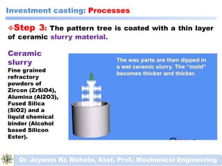 Investment casting: Processes
Step 3: The pattern tree is coated with a thin layer
of ceramic slurry material.
Ceramic
slurry
Fine grained
refractory
powders of
Zircon (ZrSiO4),
Alumina (Al2O3),
Fused Silica
(SiO2) and a
liquid chemical
binder (Alcohol
based Silicon
Ester).
Dr. Jayanta Kr. Mahato, Asst. Prof., Mechanical Engineering
 