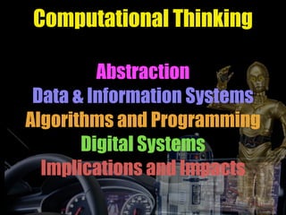Computational Thinking
Abstraction
Data & Information Systems
Algorithms and Programming
Digital Systems
Implications and Impacts
 