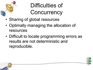 Difficulties of
             Concurrency
• Sharing of global resources
• Optimally managing the allocation of
  resources
• Difficult to locate programming errors as
  results are not deterministic and
  reproducible.
 