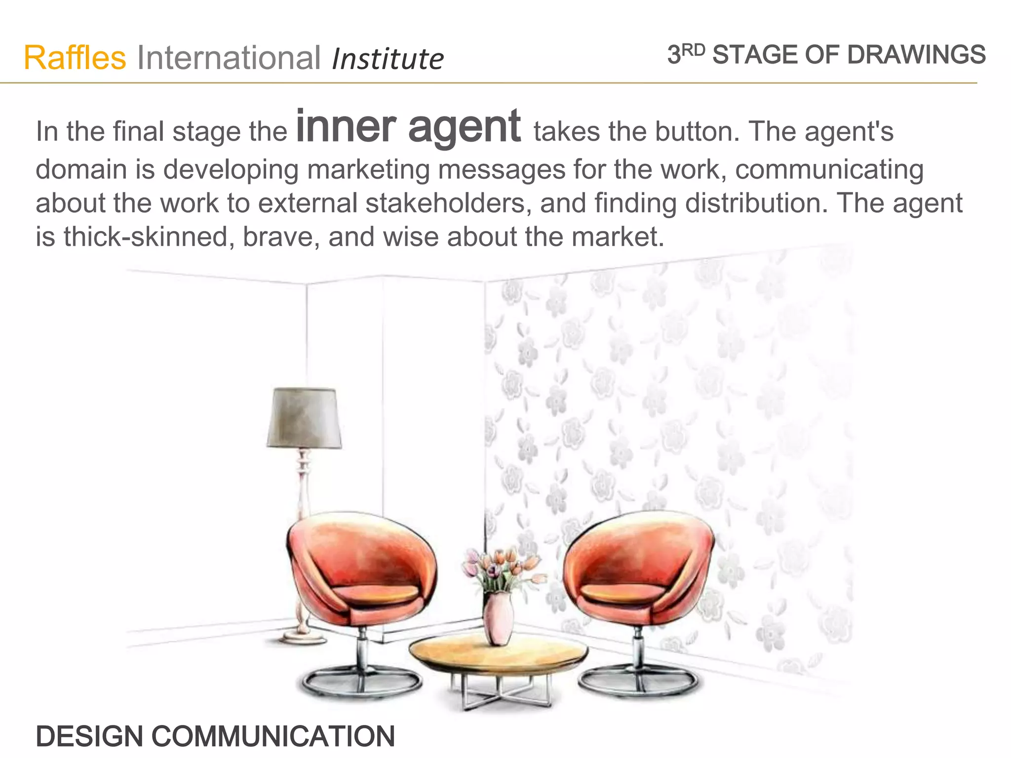 Raffles International Institute                    3RD STAGE OF DRAWINGS


In the final stage the inner agent takes the button. The agent's
domain is developing marketing messages for the work, communicating
about the work to external stakeholders, and finding distribution. The agent
is thick-skinned, brave, and wise about the market.




DESIGN COMMUNICATION
 