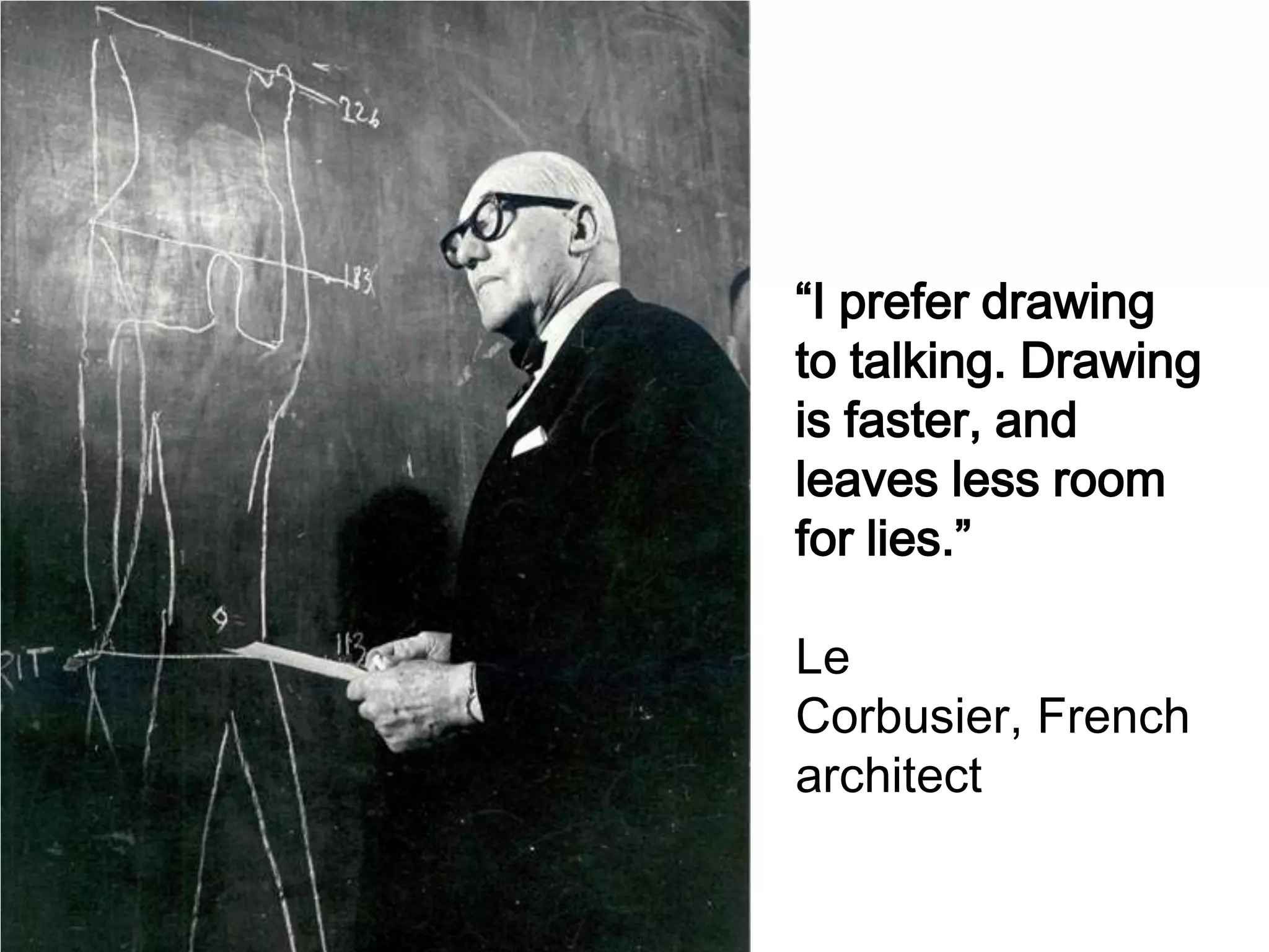 “I prefer drawing
to talking. Drawing
is faster, and
leaves less room
for lies.”

Le
Corbusier, French
architect
 