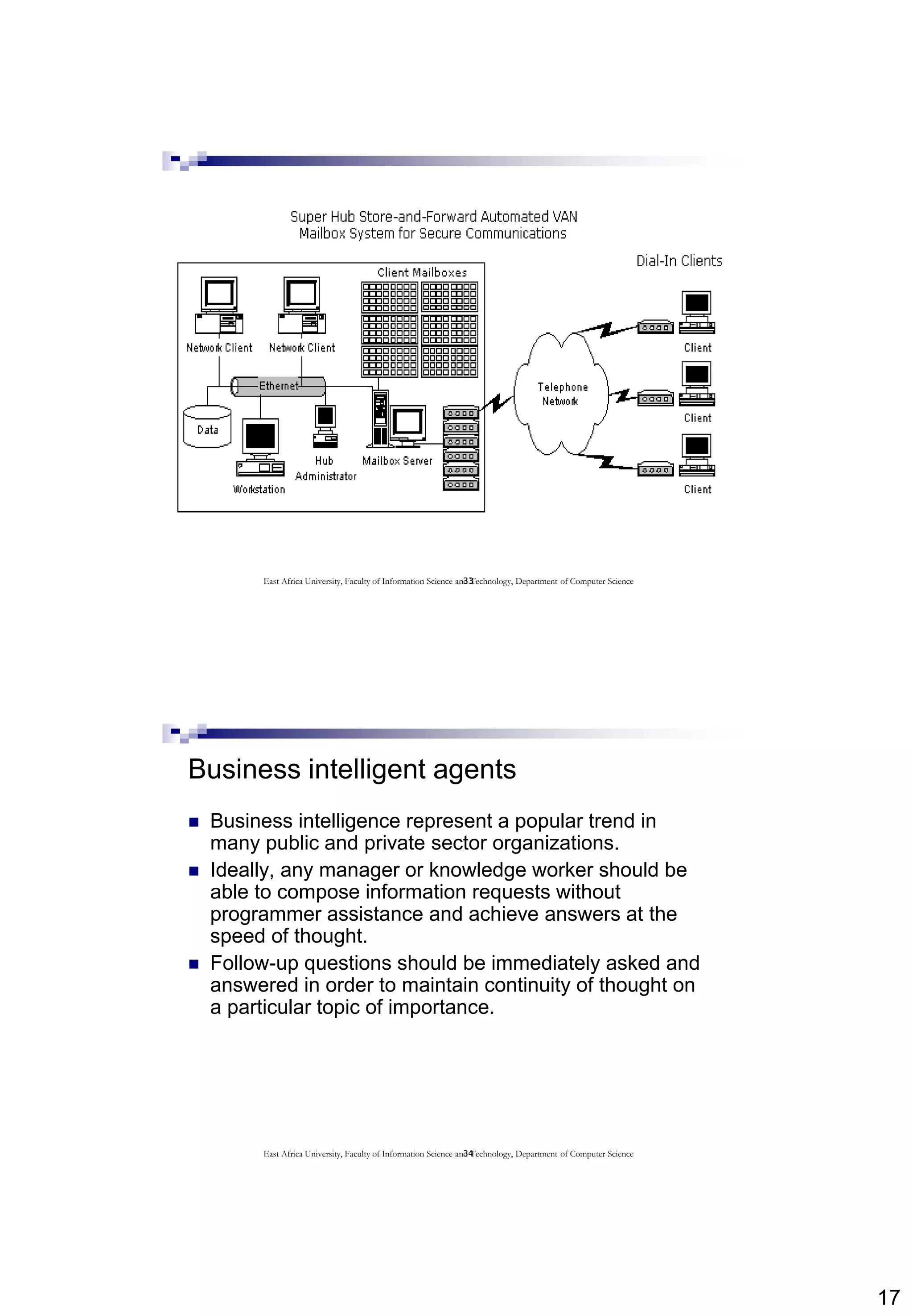 17
33East Africa University, Faculty of Information Science and Technology, Department of Computer Science
34
Business intelligent agents
 Business intelligence represent a popular trend in
many public and private sector organizations.
 Ideally, any manager or knowledge worker should be
able to compose information requests without
programmer assistance and achieve answers at the
speed of thought.
 Follow-up questions should be immediately asked and
answered in order to maintain continuity of thought on
a particular topic of importance.
East Africa University, Faculty of Information Science and Technology, Department of Computer Science
 