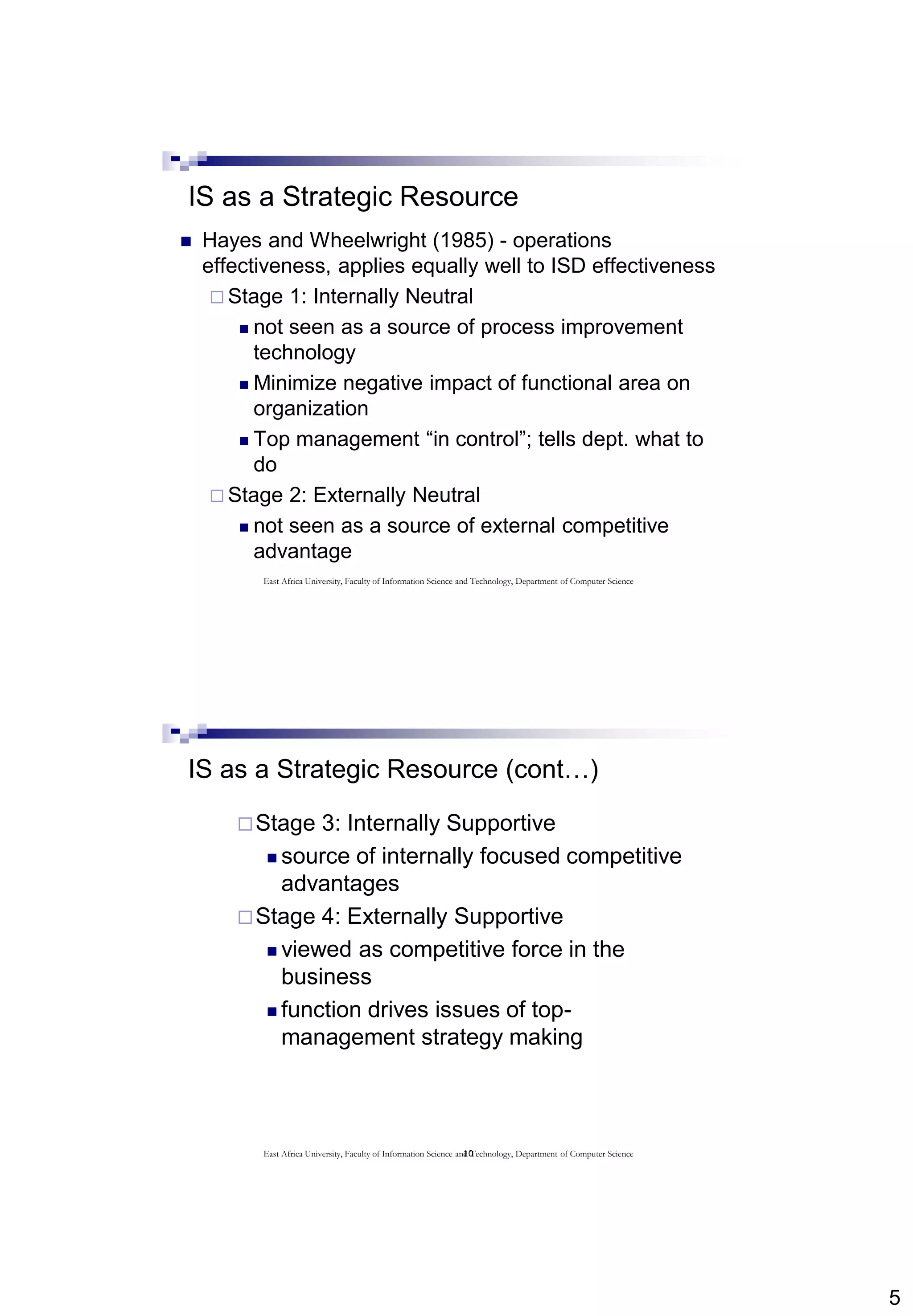 5
IS as a Strategic Resource
 Hayes and Wheelwright (1985) - operations
effectiveness, applies equally well to ISD effectiveness
 Stage 1: Internally Neutral
 not seen as a source of process improvement
technology
 Minimize negative impact of functional area on
organization
 Top management “in control”; tells dept. what to
do
 Stage 2: Externally Neutral
 not seen as a source of external competitive
advantage
East Africa University, Faculty of Information Science and Technology, Department of Computer Science
10
IS as a Strategic Resource (cont…)
Stage 3: Internally Supportive
 source of internally focused competitive
advantages
Stage 4: Externally Supportive
 viewed as competitive force in the
business
 function drives issues of top-
management strategy making
East Africa University, Faculty of Information Science and Technology, Department of Computer Science
 
