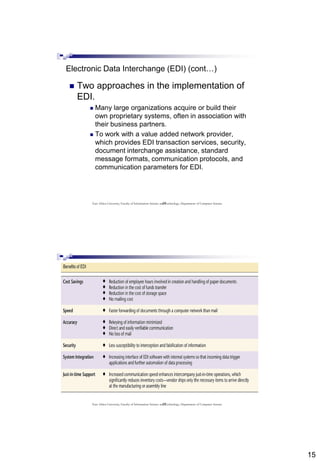 15
29
Electronic Data Interchange (EDI) (cont…)
 Two approaches in the implementation of
EDI.
 Many large organizations acquire or build their
own proprietary systems, often in association with
their business partners.
 To work with a value added network provider,
which provides EDI transaction services, security,
document interchange assistance, standard
message formats, communication protocols, and
communication parameters for EDI.
East Africa University, Faculty of Information Science and Technology, Department of Computer Science
30East Africa University, Faculty of Information Science and Technology, Department of Computer Science
 