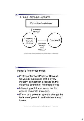 6
IS as a Strategic Resource
Inter-Firm
Strategic
Focus
“Alliance”
Competitive Marketplace
Company A
Internally
Strategic
Company B
Externally
Strategic
Inter-Firm
Strategic
Focus
“Alliance”
Competitive Marketplace
Company A
Internally
Strategic
Company B
Externally
Strategic
Competitive Marketplace
Company A
Internally
Strategic
Company B
Externally
Strategic
East Africa University, Faculty of Information Science and Technology, Department of Computer Science
12
Porter’s five forces model
 Professor Michael Porter of Harvard
University maintained that in every
industry, competition depends on the
collective strength of five basic forces
 Interacting with these forces are the
generic corporate strategies.
 IT can be a powerful agent to change the
balance of power in and between these
forces.
East Africa University, Faculty of Information Science and Technology, Department of Computer Science
 