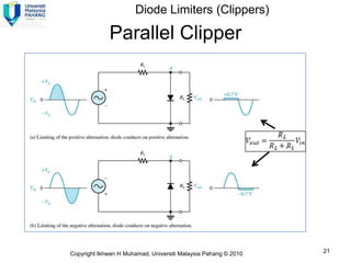Diode Limiters (Clippers)

             Parallel Clipper




Copyright Ikhwan H Muhamad, Universiti Malaysia Pahang © 2010   21
 