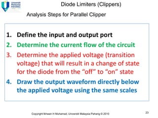 Diode Limiters (Clippers)
       Analysis Steps for Parallel Clipper


1. Define the input and output port
2. Determine the current flow of the circuit
3. Determine the applied voltage (transition
   voltage) that will result in a change of state
   for the diode from the “off” to “on” state
4. Draw the output waveform directly below
   the applied voltage using the same scales


         Copyright Ikhwan H Muhamad, Universiti Malaysia Pahang © 2010   23
 