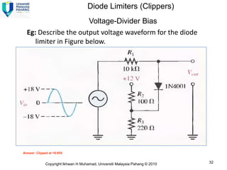 Diode Limiters (Clippers)
                        Voltage-Divider Bias
  Eg: Describe the output voltage waveform for the diode
     limiter in Figure below.




Answer: Clipped at +8.95V


              Copyright Ikhwan H Muhamad, Universiti Malaysia Pahang © 2010   32
 