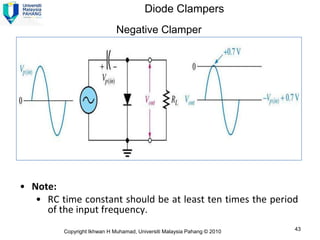 Diode Clampers
                             Negative Clamper




• Note:
   • RC time constant should be at least ten times the period
     of the input frequency.
         Copyright Ikhwan H Muhamad, Universiti Malaysia Pahang © 2010   43
 
