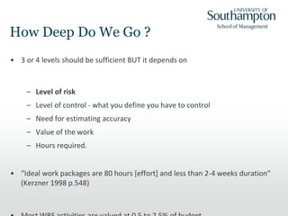 How Deep Do We Go ?
• 3 or 4 levels should be sufficient BUT it depends on
– Level of risk
– Level of control - what you define you have to control
– Need for estimating accuracy
– Value of the work
– Hours required.
• “Ideal work packages are 80 hours [effort] and less than 2-4 weeks duration”
(Kerzner 1998 p.548)
 
