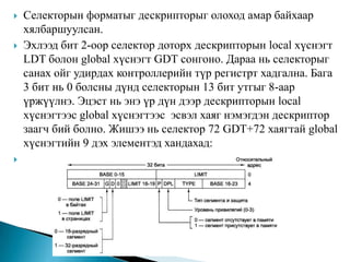 Хаяг нь 2 хэсгээс тогтоно: сегментийн хаяг, сегмент доторх хаяг. Процесс бүрд сегментийн дескриптор буюу сегментийг заагч хэсэгтэй. Аппарат хангамжид виртуаль хаяг очиход сегментийн номер хэрэгтэй сегментийн дескрипторыг олох сегмент дескрипторын индекс болно. Дескриптор сегментийг хуудас болгон хуваасан хуудасны хүснэгт рүү заана. Бүтээмжийг нэмэгдүүлэхийн тулд сүүлийн хэрэглэсэн сегмент болон хуудасны комбинацийг 16 элементтэй ассоциатив санах ойд хадгална.MULTICS үйлдлийн систем хэрэглэгдэхээ болисон ч Intel386-гаас эхлэн энэ системтэй ижил болсон.   