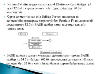 Сегментэд хандахын тулд сегментийн селекторыг сегментийн регистрүүдийн нэгэнд ачаална. Программ гүйцэтгэгдэж байхад CS регистр кодын сегментийн селекторийг,  DS өгөгдлийн сегментийн селекторыг агуулна. Селектор бүр 16 бит тоо байна. Селекторын 1 бит нь сегмент local уу global уу гэдгийг буюу аль хүснэгтэд байгааг харуулна. 13 бит нь дескриторын хүснэгтэд байгаа элементийн номерийг тодорхойлно. Иймээс хүснэгтийн хэмжээ 8К (213)-аа хэтрэхгүй.Үлдсэн 2 бит нь хамгаалалттай холбоотой.